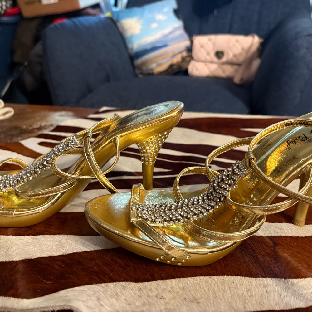 Dazzling Gold Strappy Heels with Rhinestones